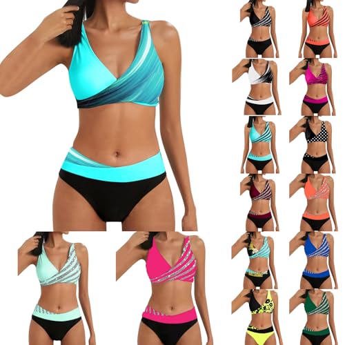 boseucn Bikini Damen Set, Bikini Damen Bauchweg Zweiteiliger Sexy Push Up Badeanzug Muster Druck V Ausschnitt Badeanzüge High Waist Bademode Bauchkontrolle Sommer Frauen 2pc Bikini Sets Schwimmanzug von boseucn