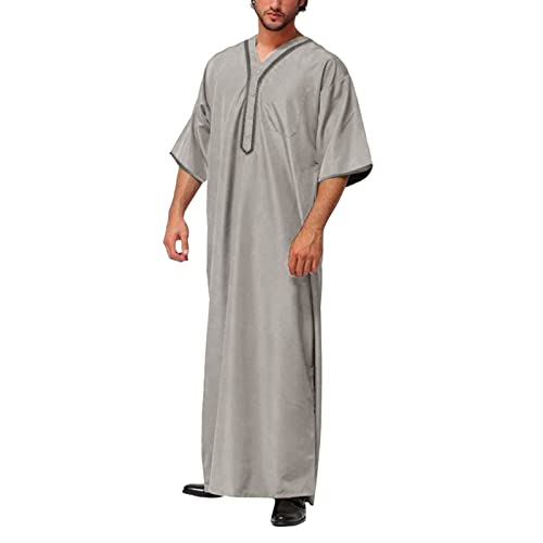 boseucn Muslim Kaftan Herren, Herren Kaftan V Ausschnitt Roben Kleider Halbe Ärmel Drucken Thobe Muslimische Kleidung Lang Abaya Lässiges Sommer Männer Dubai Islamisch Ramadan Gebetskleidung von boseucn