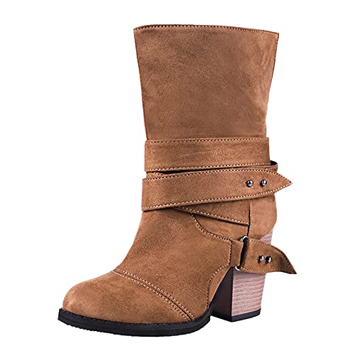 boseucn Stiefeletten Damen Beige Mit Absatz Leder, Damen Stiefeletten Gemütlich Mittelstiefel mit Absatz Retro Einfarbig Riemchen Frauen Ankle Boots Bootie Herbst Winter Stiefel Worker Boots von boseucn