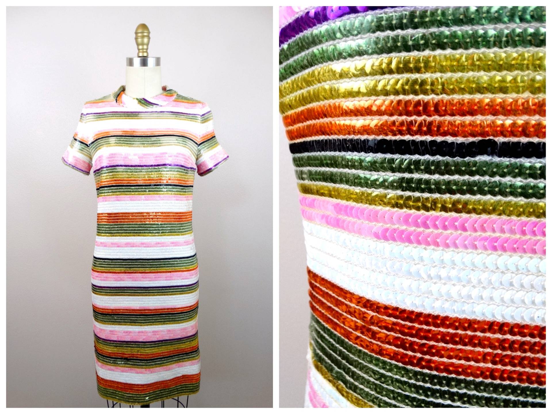 60S Pastell Pailletten Etuikleid ‣ 60's Mid-Century Mod Go-Go Mini Kleid Gestreiftes Verziertes Twiggy von braxae