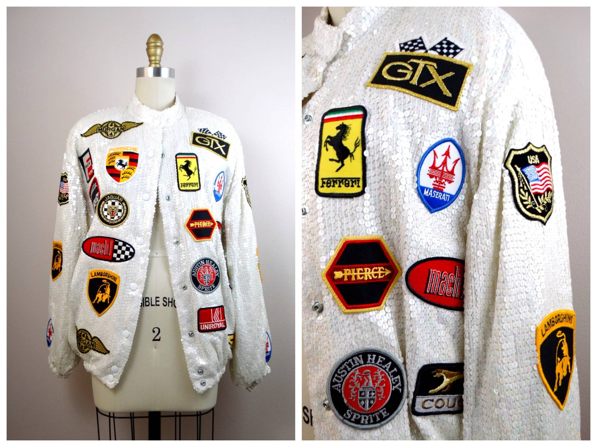 Luxuriöse Bomberjacke Mit Pailletten Für Fahrzeuge // Bomber Automobil-Patches Vollständig Besetzte Cars-Neuheitsjacke Von Jeanette St. Martin von braxae