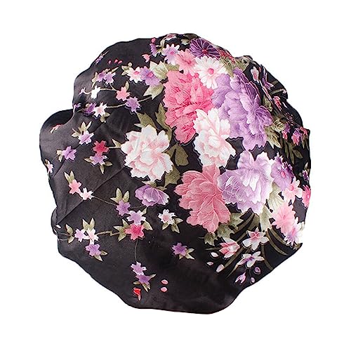 budiniao Bonnet Sleep Caps für Frauen Satin Haarausfall Chemo Nachtdusche Blumendruck Damen Accessoire für lange lockige Zöpfe, Schwarz, M (56 58 cm) von budiniao