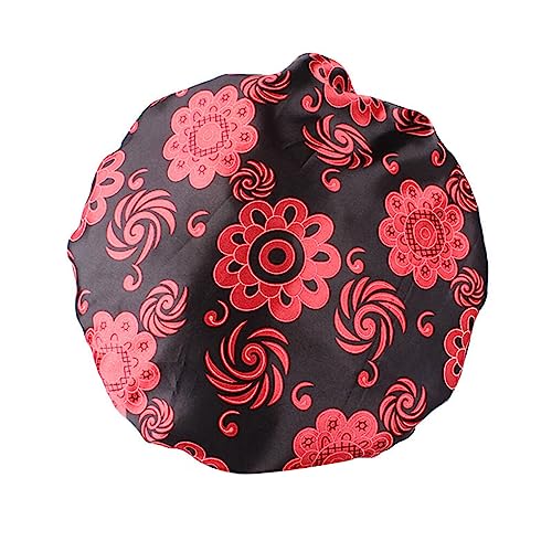 budiniao Bonnet Sleep Caps für Frauen Satin Haarausfall Chemo Nachtdusche Blumendruck Damen Accessoire für lange lockige Zöpfe, Schwarz Rot, M (56 58 cm) von budiniao