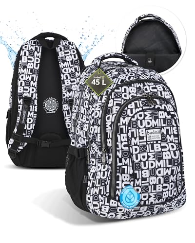 budmil Lynsey Schulrucksack für Jungen und Mädchen 45L - für Teenager Kinder ab Klasse 5 - wasserabweisend - Rucksack mit Laptopfach & 4 Fächer & belüftete Rückseite (Black & White) von budmil