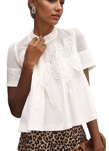 calbatic Damen-Bluse mit Spitzenbesatz, durchsichtig, Puffärmel, Rüschen, Plissee-Hemd, Stehkragen, Sommer-Babydoll-Top, Weiss/opulenter Garten, Mittel calbatic Damen-Bluse mit Spitzenbesatz, durchsichtig, Puffärmel, Rüschen, Plissee-Hemd, Stehkragen, Sommer-Babydoll-Top, Weiss/opulenter Garten, Mittel von calbatic