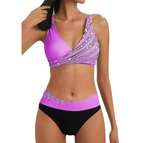 Bikini Damen Set Push Up Bauchweg, Zweiteiliger Badeanzüge Figurformend Bademode Sexy Farbblockdruck Swimsuit Frauen Strandmode Bauchkontrolle Swimmwear Einfarbig Crossover High Waist Bikini-Set von callmo