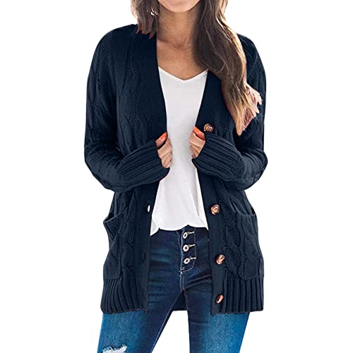 Cardigan Damen GrüN, Damen Strickjacke lang Zopfmuster Oversized Grobstrick Winter Cardigan mit Knöpfe V-Ausschnitt Strickmantel Casual Top Loose Tunika mit Tasche von callmo