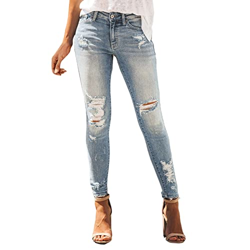 Damen Jeans Weiß, Damen Skinny Jeans Rissen Löcher Ankle Jeanshosen Jeanshosen Röhrenjeans Skinny Slim Fit Stretch Boyfriend Jeans Zerrissene Destroyed Jeans Bestickte Kleine Füße Elastische Hose von callmo