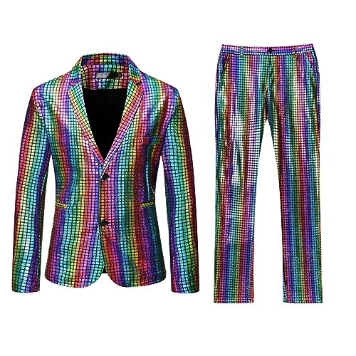 Glitzer Anzug Herren 2 Teilig Sets Pailletten Jacke und Hose Metallic Glänzende Anzüge für Disco Outfit Party Karneval Kustüm Hochzeit Mottoparty Nachtclub Herrenanzüge von callmo