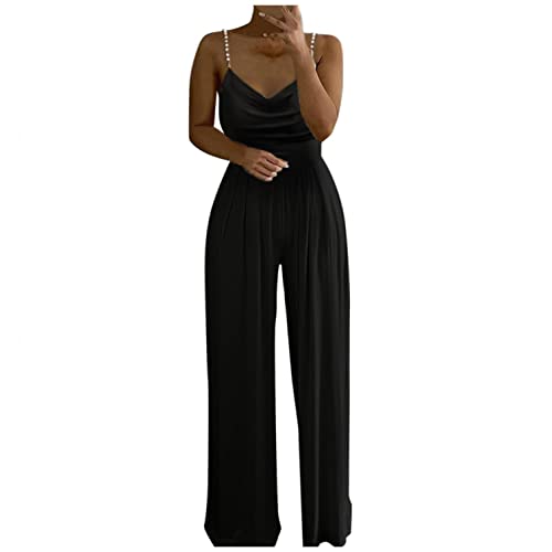 Jumpsuit Damen, Damen Sommer Casual U-Ausschnitt ärmellos Tanktop Jumpsuit einfarbig lose elastische Taille dehnbar volle Länge Strampler Jumpsuits von callmo