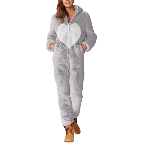 Jumpsuit Damen Kuschelig Damen Jumpsuit Teddy Fleece Schlafanzug Einteiler Winter Warm Kuschelig Onesie Lang Schlafoverall Pyjama Kuschelig und Warm Ganzkörperanzug Flauschig Hausanzug mit Kapuze von callmo