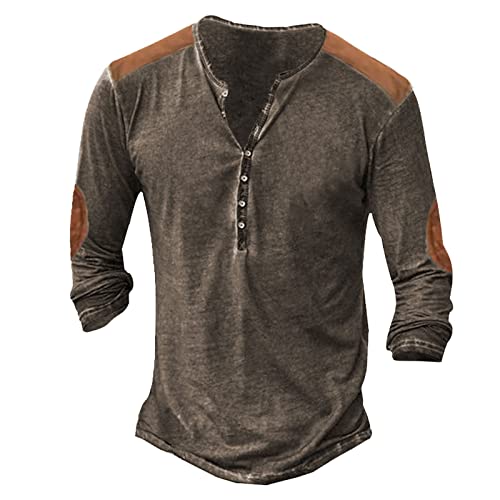 Langarmshirt Herren Sport, Herren T-Shirts Vintage Freizeithemden Langarm Distressed Henley Shirt Retro Outdoor Sports Tactical T-Shirt Tops Casual Mittelalter Hemd Schnürhemd Hemd mit Knopfleiste von callmo