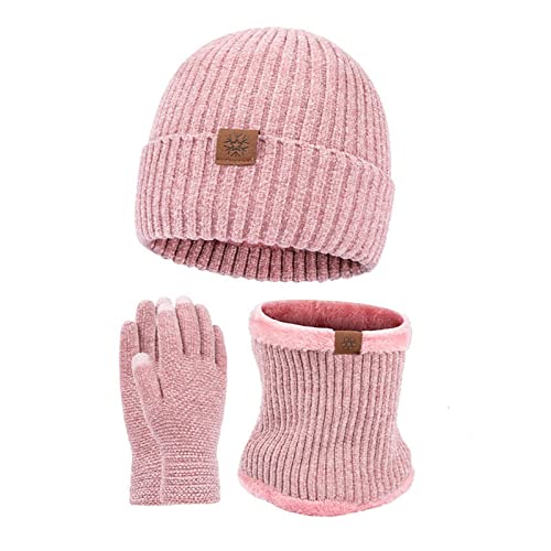 Mutze Schal Set Damen Rosa, Strickmütze Wintermütze Schal Set Beanie Gestrickt Fleece Bommel Touchscreen Handschuhe Set Winterschal Kombi Set Loop Grobstrick Schal Damen Geschenk Winterzubehör von callmo