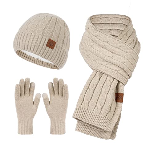 Mutze Schal Set Damen Rot, Damen Mütze Schal Set Stricken Handschuhe Winter Baretts Fleece Baskenmütze Langer Schal Warm Knit Touchscreen-Handschuhe Gestrickte Beanie Outdoor von callmo