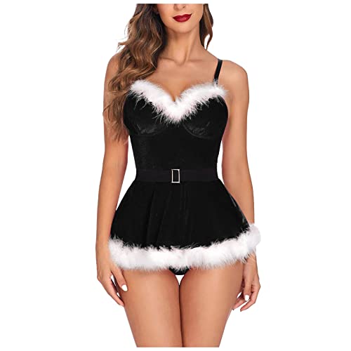 Sexy Dessous Damen Fur Sex Mollig, Damen Weihnachten Dessous Set Halloween Christmas Samtkleid Sexy Bügel BH Negligee Pelz Babydoll Lingerie Reizwäsche Nicolaus Weihnachtenskostüm mit String von callmo