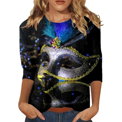 callmo 3/4 Ärmel Pullover Damen Glitzer 3D Maskendruck Oberteile Pailletten Muster Bluse Mädchen T-Shirt Karneval Venezianischer Langarmshirt Festlich Rundhals Shirt Basic Tops Tunika Club Kostüm von callmo