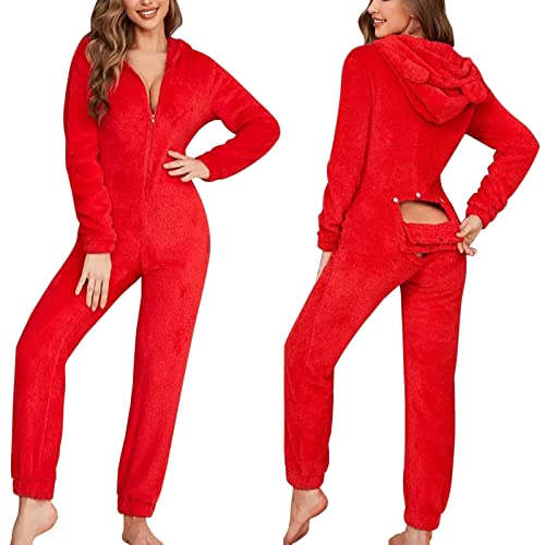 callmo Damen Jumpsuit Elegant Jumpsuits für Damen mit Po Klappe Damen Schlanker Weihnachts Langarm Pyjama Reißverschluss Kapuzen Overall Pyjama 3D Ohr geknöpfte Klappe Funktionaler Flauschiger Rompe von callmo