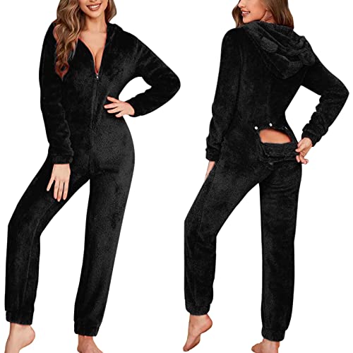 callmo Damen Jumpsuit Elegant Jumpsuits für Damen mit Po Klappe Damen Schlanker Weihnachts Langarm Pyjama Reißverschluss Kapuzen Overall Pyjama 3D Ohr geknöpfte Klappe Funktionaler Flauschiger Rompe von callmo