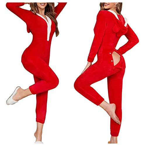 callmo Damen Pyjama Schlafanzug Damen mit Po Klappe Geknöpfter Damen Erwachsenen Overall mit Klappe und Knopfdruck. Funktioneller Damen Overall Pyjama Kuschelig Langarm Weihnachts von callmo