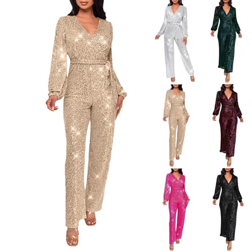 callmo Glitzer Jumpsuit Damen Pailletten Jumpsuits Für Damen Glitzer V-Ausschnitt Jumpsuit Damen Party Lang Bodycon Jumpsuit Damen Overall Elegant Sexy Freizeitanzug Damen Modern Einteiler Damen von callmo