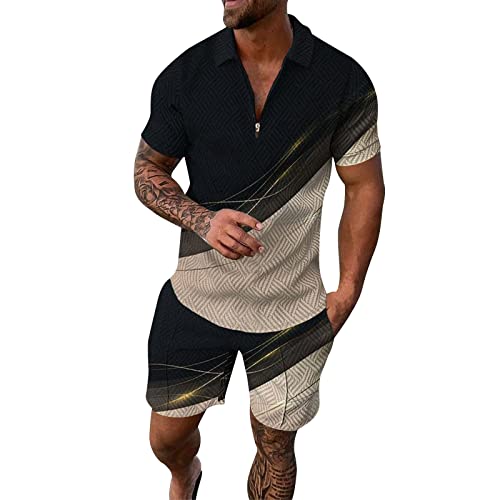 callmo Herren Sommer Outfit Anzug Heeren Herren Sommer Outfit Strand Kurzarm bedrucktes Hemd Kurzer Anzug Hemd Hosenanzug mit Taschen Satin Anzug Herren Schwarz von callmo