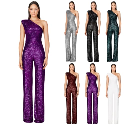 callmo Jumpsuit Pailletten Glitzer Jumpsuit Damen Party Schulterfrei Hosenanzug Damen Business Einfarbig Overall Damen Elegant Sexy Bodysuit Women Langarm Ärmelloses Freizeitanzug Damen Modern von callmo