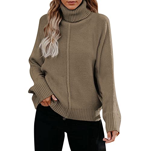 callmo Rollkragenpullover Damen Baumwolle Pullover Damen Elegant Strickpullover Rollkragen Einfarbig Grobstrick Winterpullover Langarm Casual Lose Oberteil Tops Pulli Strickpulli Sweater Outwear von callmo