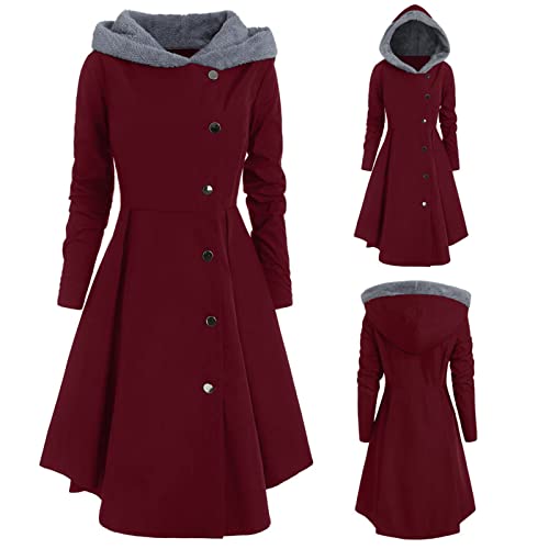 callmo Wintermantel Damen Elegant Gothic Mittellange Hoodie Kleid Herbst Winter Wollmantel mit Kapuze Lange Knöpfen Wintermantel Retro Asymmetrisch Saum Mantel Party Kleid Vintage Kapuzenmantel von callmo