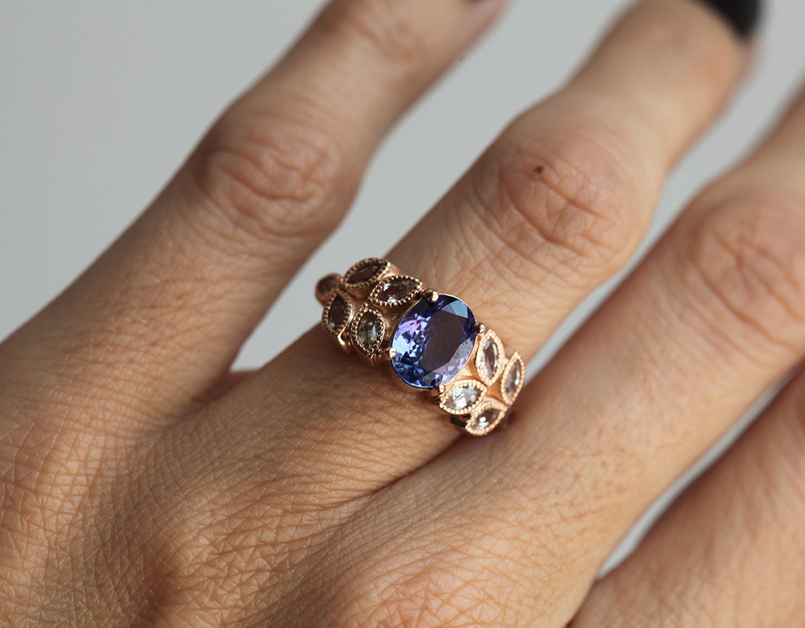 Tansanit Ring, Verlobungsring, Rose Gold Enagement Blaue Oval Engagement, Blattring von capucinne