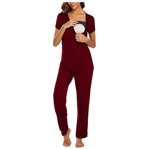 carol -1 Damen Stillschlafanzug Umstandsschlafanzug Schwanger Schlafanzug Stilltops mit Stillfunktion Stillpyjama Baumwolle mit Hose, Schlafanzug Langarm, Weiches Pyjama-Set von carol -1