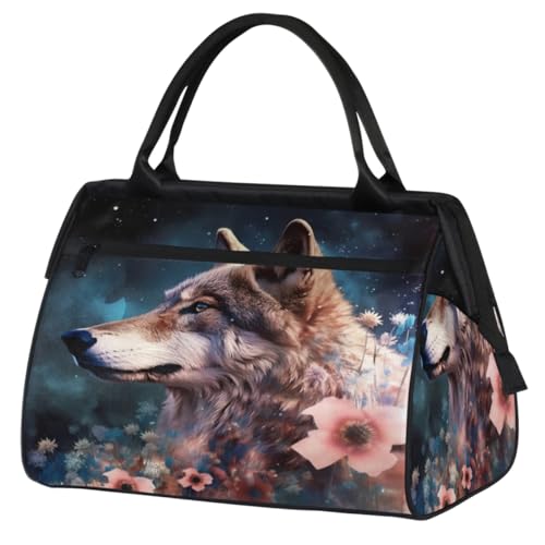 Animal Wolf Pink Flowers Gym Bag for Women Men, Travel Sports Duffel Bag with Trolley Sleeve, Waterproof Sports Gym Bag Weekender Overnight Bag Carry On Tote Bag for Travel Gym Sport, Tier Wolf Rosa von cfpolar