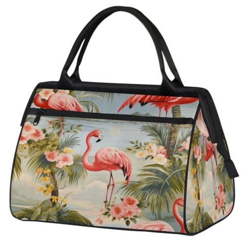 Flamingo Coconut Tree Flowers Gym Bag for Women Men, Travel Sports Duffel Bag with Trolley Sleeve, Waterproof Sports Gym Bag Weekender Overnight Bag Carry On Tote Bag for Gym Sport Travel, Flamingo von cfpolar