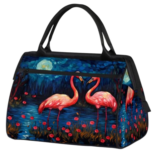 Flamingo Sonne Blumen Malerei Turnbeutel für Damen Herren, Reise Sport Duffel Bag mit Trolleyhülle, wasserdichte Sport Gym Bag Weekender Übernachtung Tasche Carry On Tote Bag für Reisen Gym Sport, von cfpolar