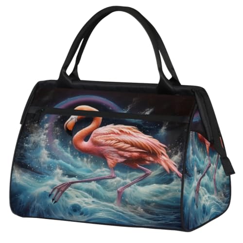 Flamingo Surfen Weltraum Turnbeutel für Damen Herren, Reise Sport Duffel Bag mit Trolleyhülle, wasserdichte Sport Gym Bag Weekender Übernachtung Tasche Carry On Tote Bag für Reisen Gym Sport, Flamingo von cfpolar