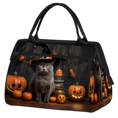 Halloween-Kürbis-Turnbeutel mit niedlicher Katze, für Damen und Herren, Reise-Sporttasche mit Trolley-Hülle, wasserdichte Sporttasche, Wochenend-Übernachtungstasche, Tragetasche für Reisen, von cfpolar