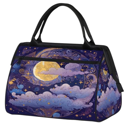 Moon Clouds Sun Pattern Gym Bag for Women Men, Travel Sports Duffel Bag with Trolley Sleeve, Waterproof Sports Gym Bag Weekender Overnight Bag Carry On Tote Bag for Travel Gym Sport, Mond Wolken Sonne von cfpolar