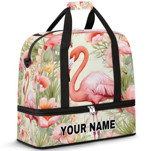 Personalisierbare Reisetasche für Damen und Herren, personalisierbar, Sporttasche mit Schuhfach, faltbare Tanztasche, Wochenendtasche, Übernachtungstasche, Aquarell, Flamingo, Gänseblümchen, Aquarell, von cfpolar