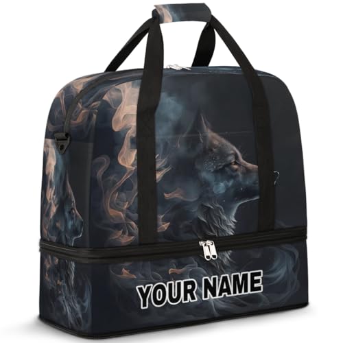 Personalisierbare Reisetasche für Damen und Herren, personalisierbar, Sporttasche mit Schuhfach, faltbare Tanztasche, Wochenendtasche, Übernachtungstasche, Nebel-Aniaml, schwarzer Wolf, Foggy Aniaml von cfpolar