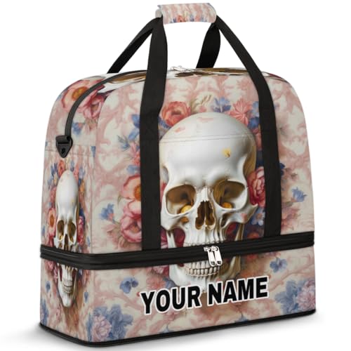 Personalisierbare Reisetasche für Damen und Herren, personalisierbar, Sporttasche mit Schuhfach, faltbare Tanztasche, Wochenendtasche, Übernachtungstasche, Totenkopf, Vintage, Rose, Blumen, Totenkopf von cfpolar