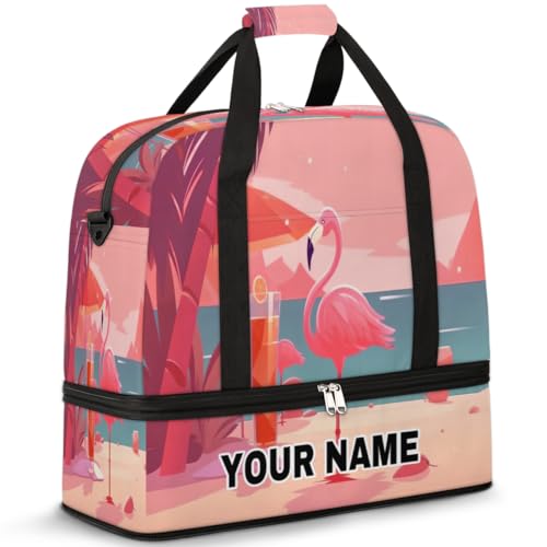 Personalisierbare Reisetasche für Damen und Herren, personalisierbar, Sporttasche mit Schuhfach, faltbare Tanztasche, Wochenendtasche, Übernachtungstasche, rosa Flamingo, Getränkepalme, Pink Flamingo von cfpolar