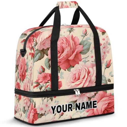 Personalisierbare Reisetasche für Damen und Herren, personalisierbar, Sporttasche mit Schuhfach, faltbare Tanztasche, Wochenendtasche, Übernachtungstasche, rosa Rosenstrauß, weiße Blumen, Rosa von cfpolar