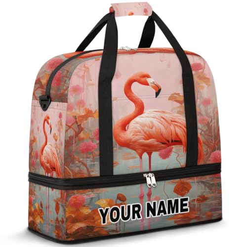 Personalisierbare Reisetasche für Damen und Herren, personalisierbar, Sporttasche mit Schuhfach, faltbare Tanztasche, Wochenendtasche, Übernachtungstaschen, Flamingo-Blumen und Blätter, von cfpolar