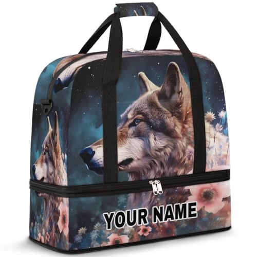 Personalisierbare Reisetasche für Damen und Herren, personalisierbar, Sporttasche mit Schuhfach, faltbare Tanztasche, Wochenendtasche, Übernachtungstaschen, Tierwolf, rosa Blumen, Tierwolf, rosa von cfpolar