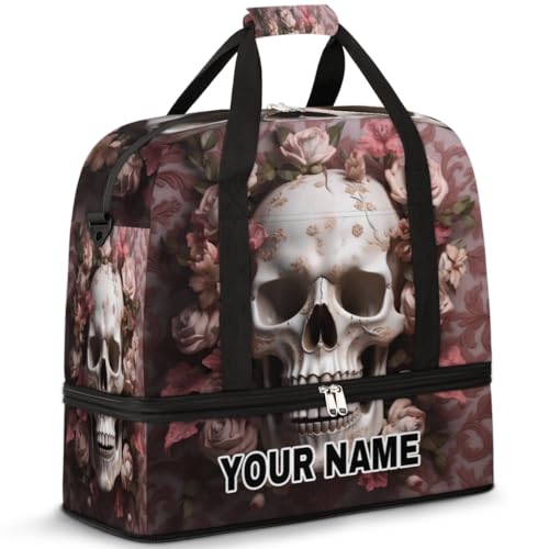 Personalisierbare Reisetasche für Damen und Herren, personalisierbar, Sporttasche mit Schuhfach, faltbare Tanztasche, Wochenendtasche, Übernachtungstaschen, Totenkopf-Rosa Rosen, Totenkopf rosa Rosen von cfpolar