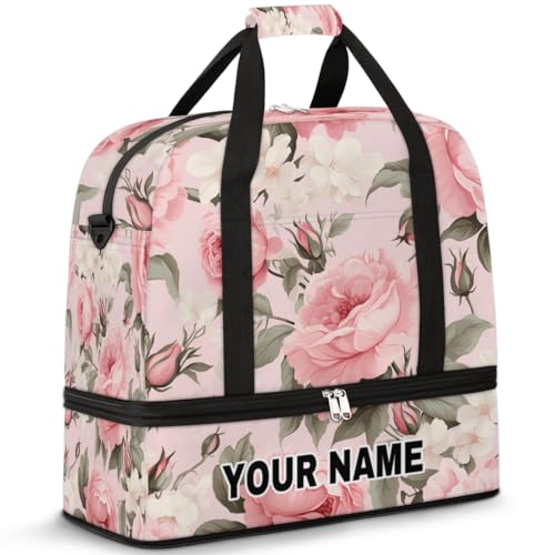 Personalisierbare Reisetasche für Damen und Herren, personalisierbar, Sporttasche mit Schuhfach, faltbare Tanztasche, Wochenendtasche, Übernachtungstaschen, weiße rosa Blumen und Blätter, Weiß / Rosa von cfpolar