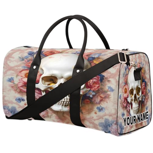 Personalisierte Reisetasche, Sporttasche, Reisetasche, Reisetasche, faltbar, Tanztasche, Wochenendtasche, Übernachtungstasche, Handgepäck, Handtasche für Damen und Herren, Totenkopf, Vintage, Rose, von cfpolar