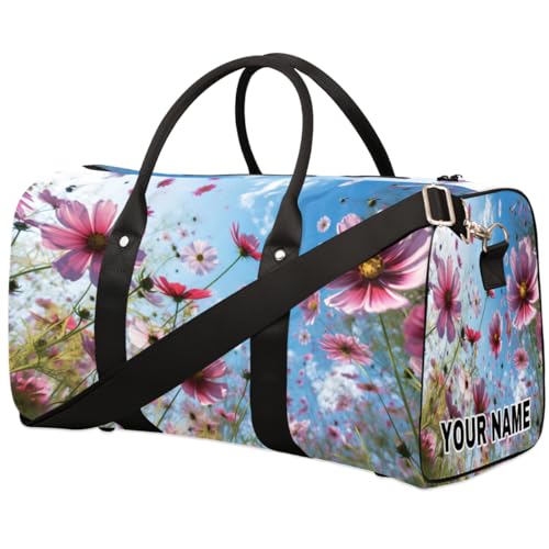 Personalisierte Reisetasche, Sporttasche, Reisetasche, Reisetasche, faltbar, Tanztasche, Wochenendtasche, Übernachtungstasche, Handgepäck, Handtasche für Damen und Herren, rosa weiße Gänseblümchen, von cfpolar