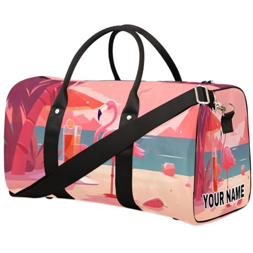 Personalisierte Reisetasche, Sporttasche, Reisetasche, faltbar, Tanztasche, Wochenendtasche, Übernachtungstasche, Handgepäck, Handtasche für Damen und Herren, rosa Flamingo, Getränkepalme, Pink von cfpolar