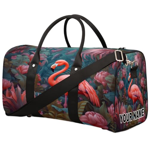 Personalisierte Reisetasche, Sporttasche, Reisetasche, faltbar, Tanztasche, Wochenendtasche, Übernachtungstasche, Handgepäck, Handtasche für Damen und Herren, rosa Flamingo-Blumen, Palmblatt, Rosa von cfpolar