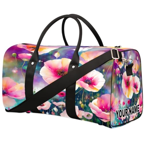 Personalisierte Reisetasche, Sporttasche, Sporttasche, Reisetasche, faltbar, Tanztasche, Wochenendtasche, Übernachtungstasche, Handgepäck, Handtasche für Damen und Herren, rosa Mohnblumen, weißer von cfpolar